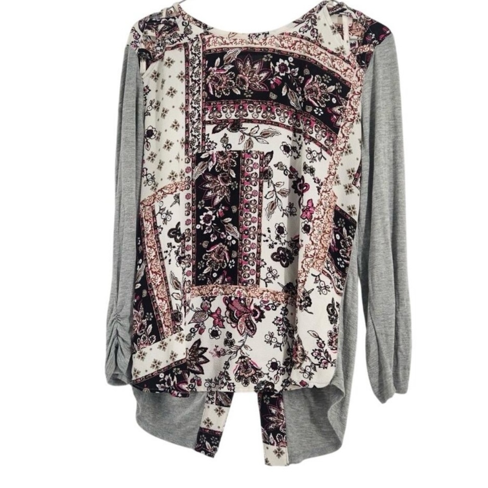 Maurices Floral Patchwork Blouse with Gray Sleeves